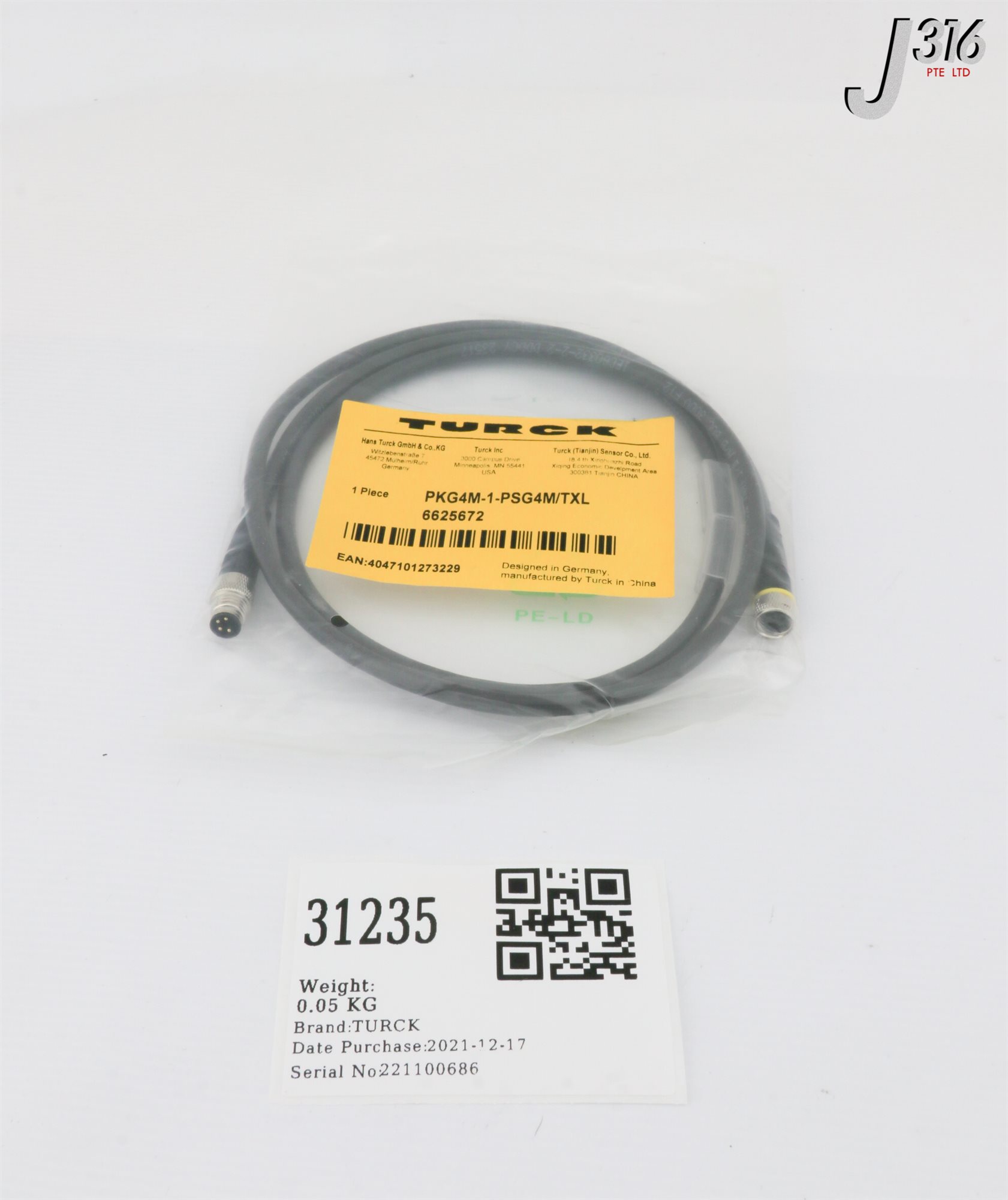キャンパス 31235 TURCK ACTUATOR/SENSOR CABLE, 6625672, 1M (NEW) PKG4M-1-PSG4M